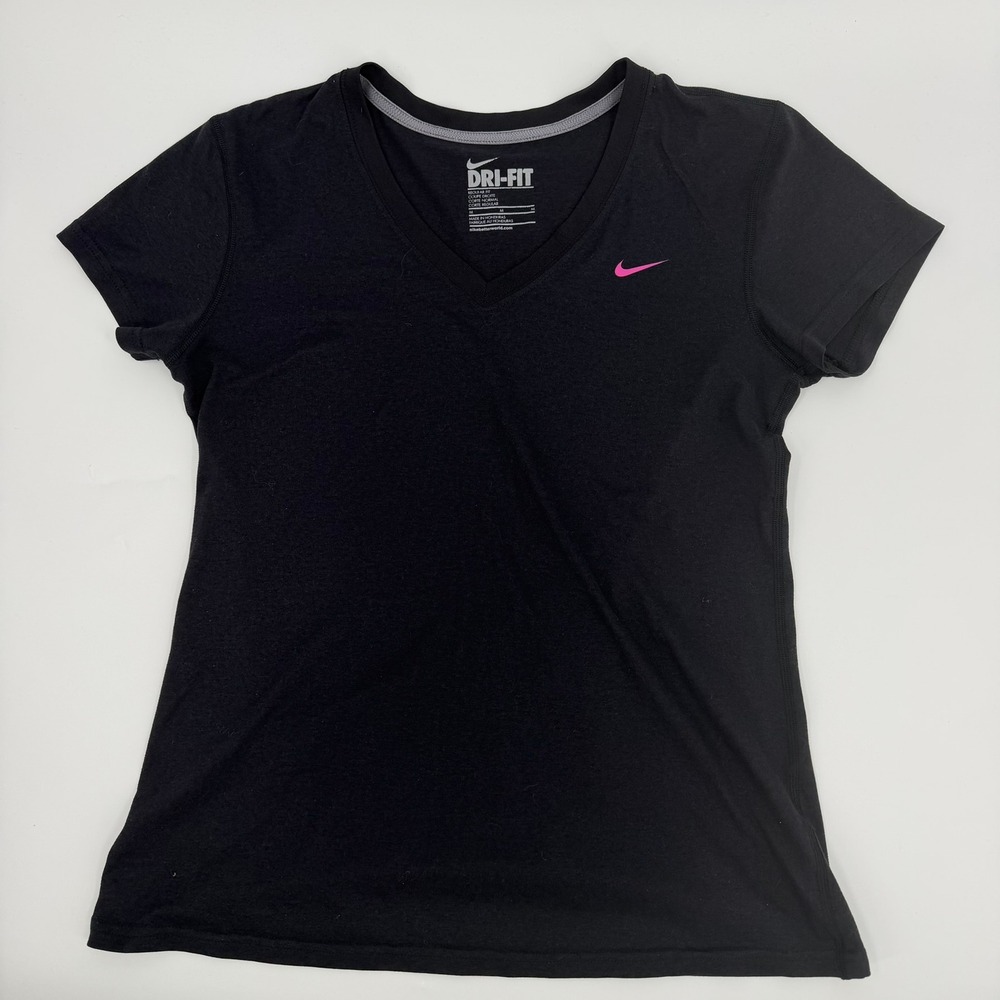 Nike T Shirt Dri Fit V Neck Regular Fit Modern Womens Size Medium Black Pink